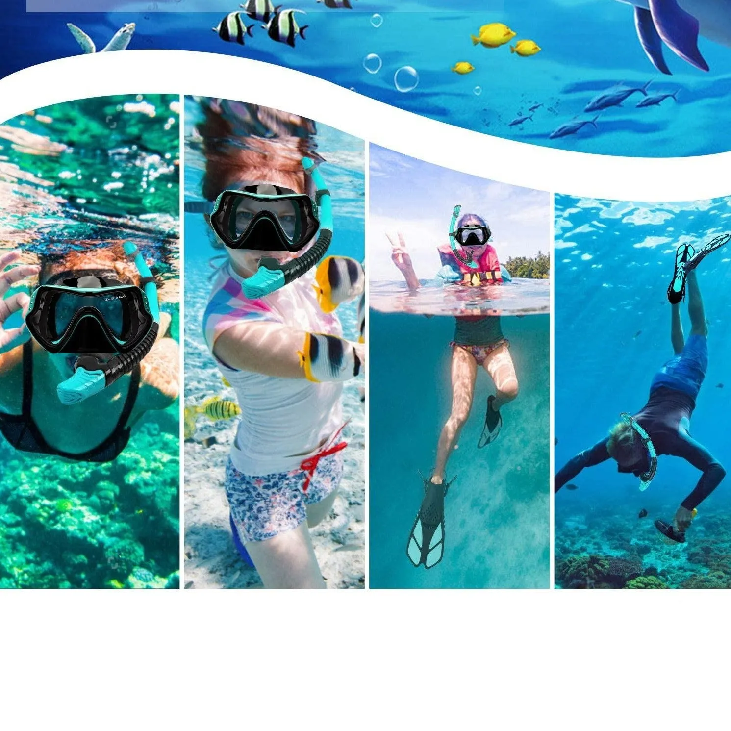 (3-piece set) Diving equipment for adults Snorkel Diving Kit Goggles / Fins / Snorkel (size L/XL) - Turquoise