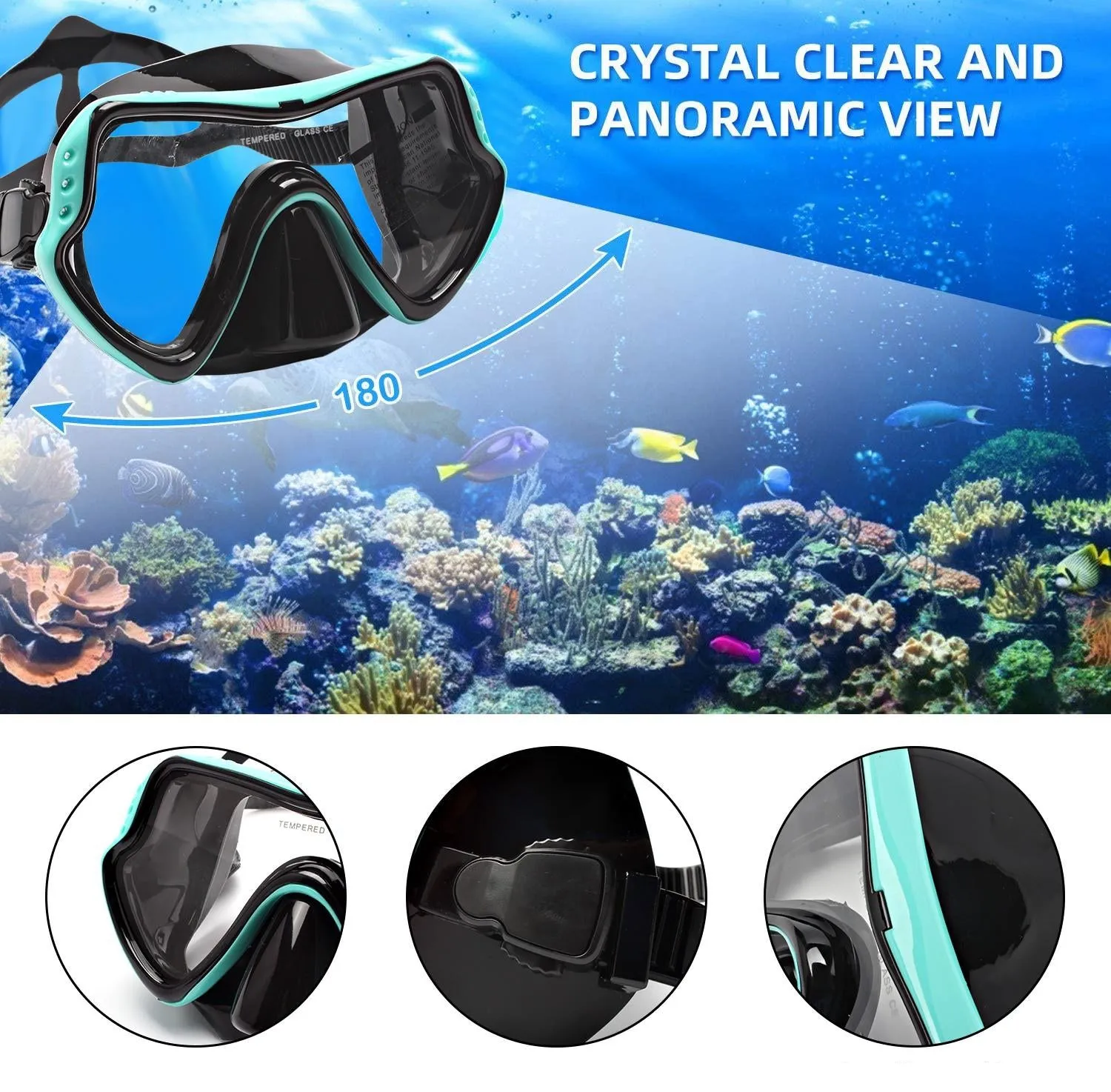 (3-piece set) Diving equipment for adults Snorkel Diving Kit Goggles / Fins / Snorkel (size L/XL) - Turquoise