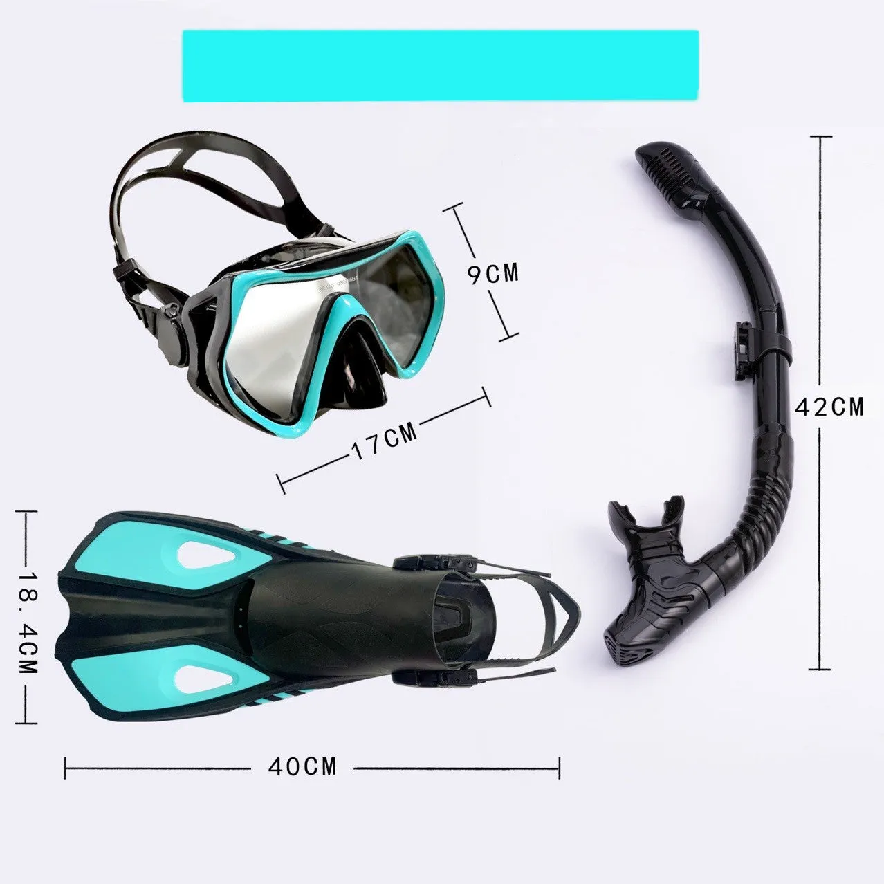(3-piece set) Diving equipment for adults Snorkel Diving Kit Goggles / Fins / Snorkel (size L/XL) - Turquoise