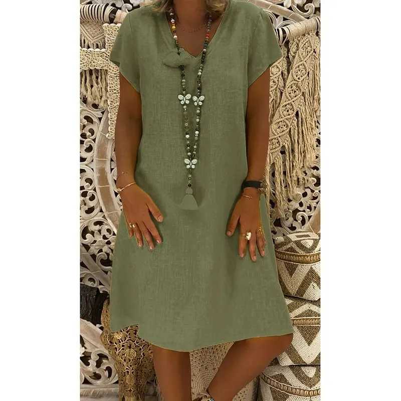 🔥49%- Cotton-Polyester Blend Dresses Casual V Neck Midi Dress🔥