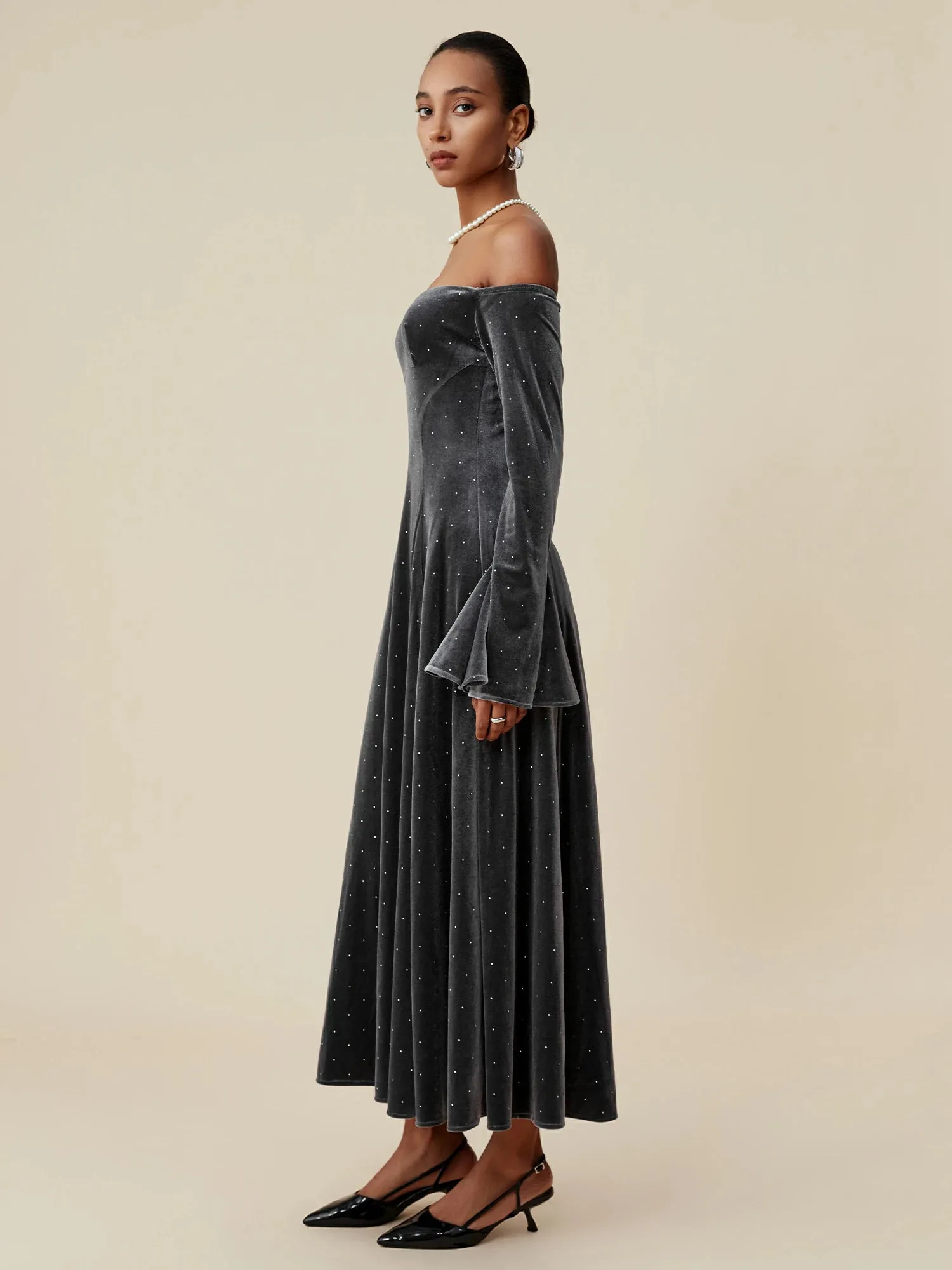 Amoretu Velvet Rhinestone Long Sleeve Off-Shoulder Dress