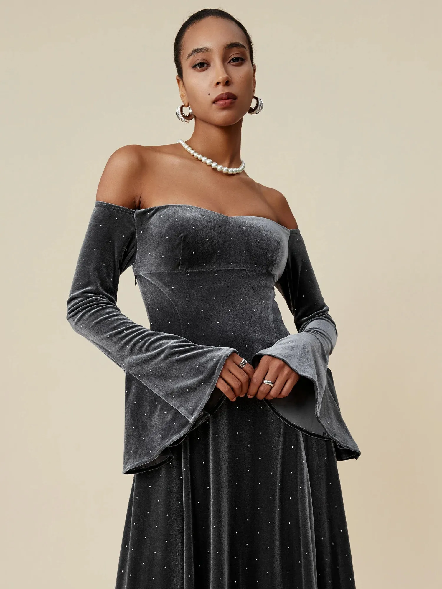 Amoretu Velvet Rhinestone Long Sleeve Off-Shoulder Dress