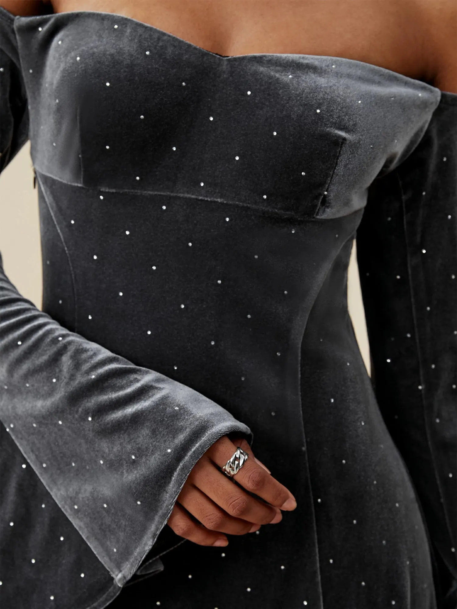 Amoretu Velvet Rhinestone Long Sleeve Off-Shoulder Dress