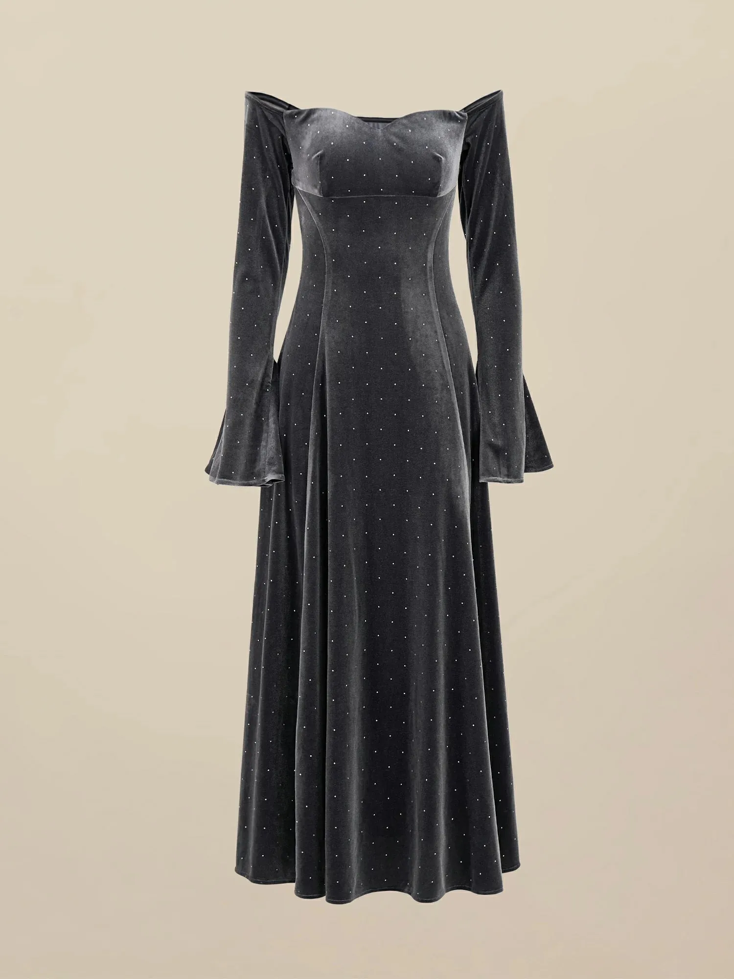 Amoretu Velvet Rhinestone Long Sleeve Off-Shoulder Dress