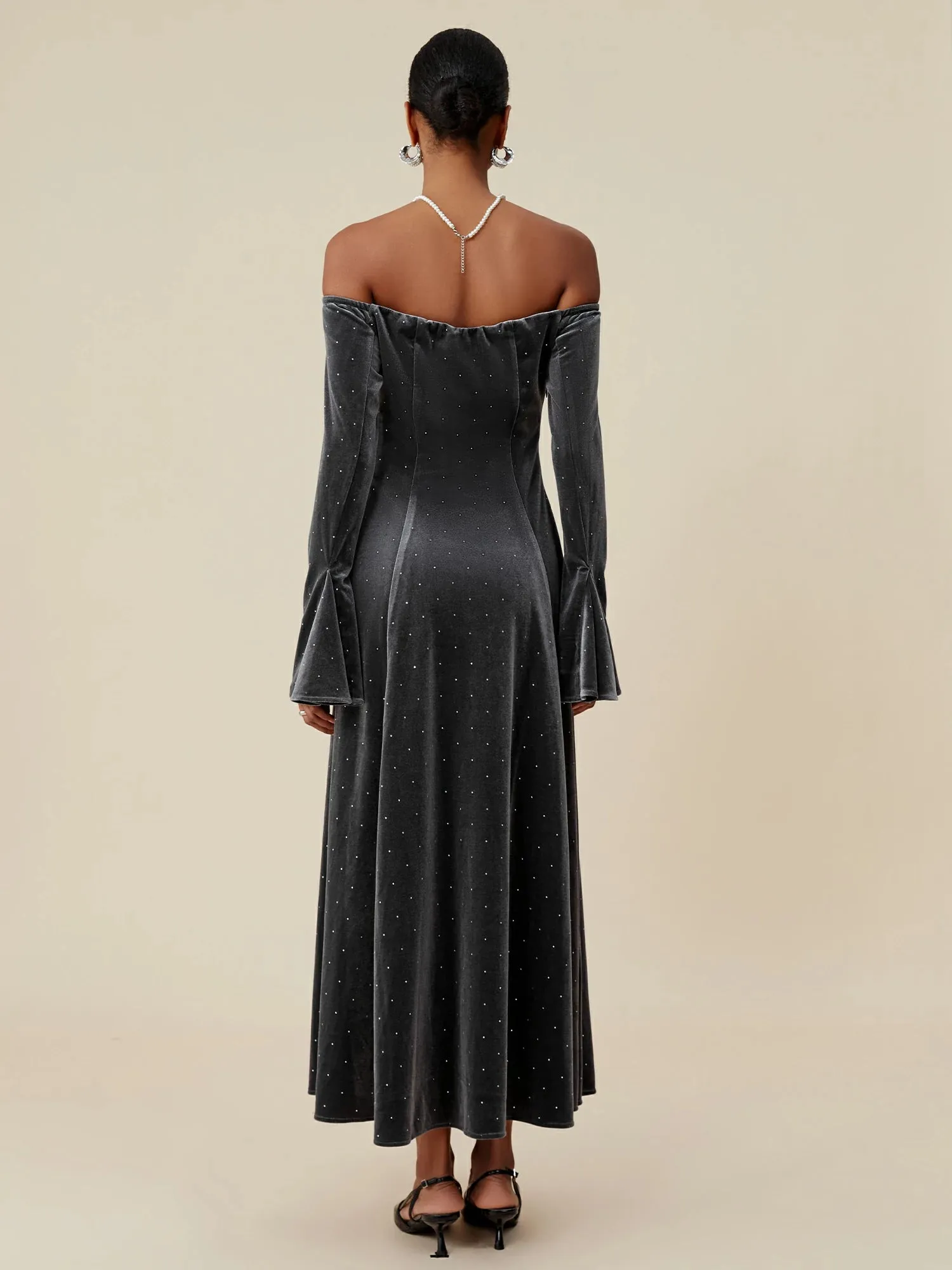 Amoretu Velvet Rhinestone Long Sleeve Off-Shoulder Dress