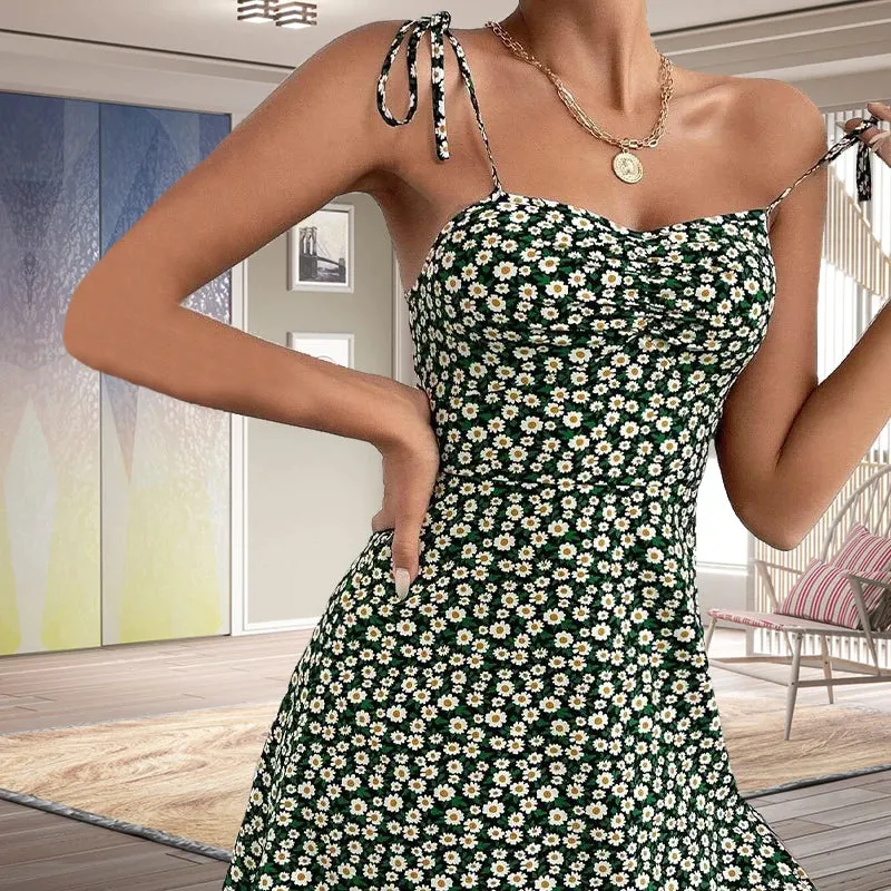 Elegant Floral A-Line Mini Dress for Women - Summer Sexy Slim Fit Sleeveless Camisole with Natural Waistline