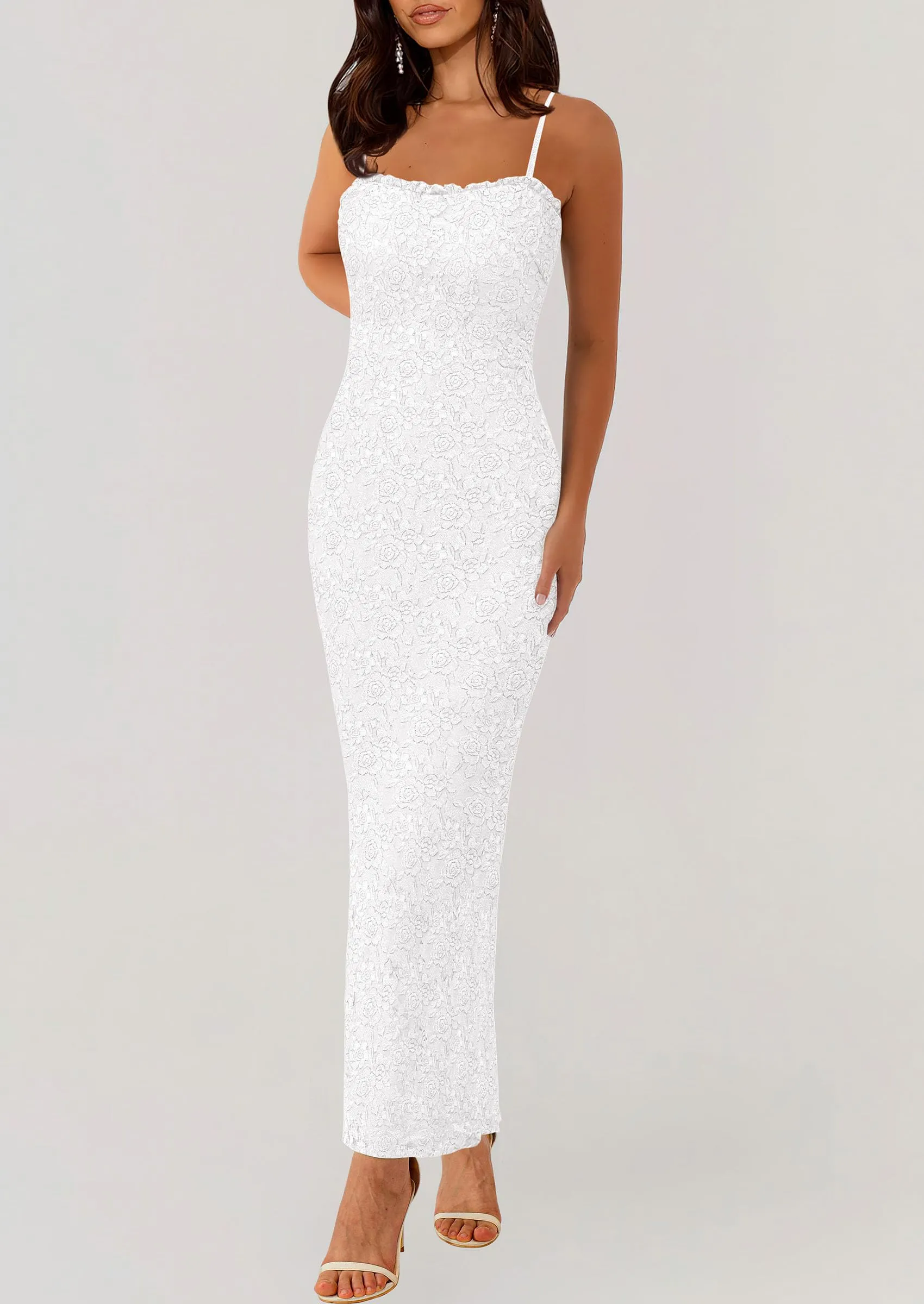 Elegant Spaghetti Strap Lace Floral Bodycon Maxi Dress