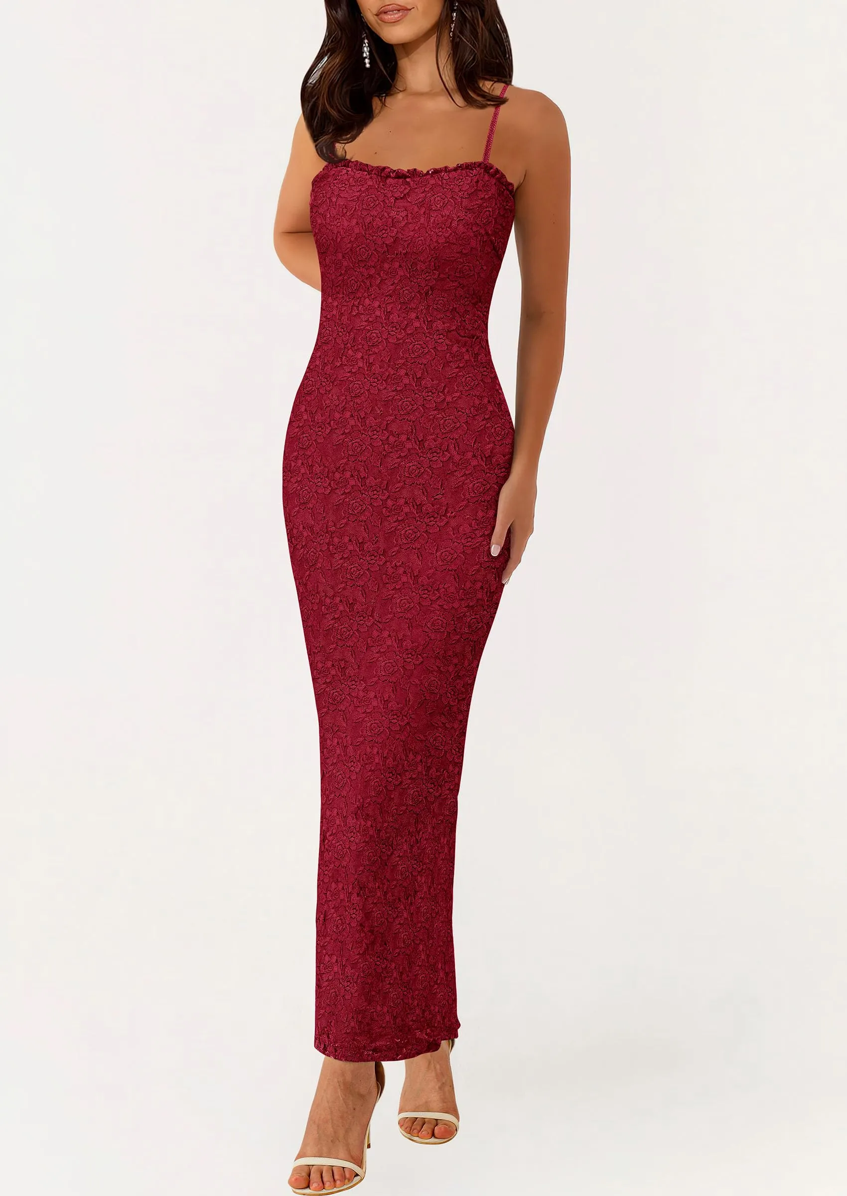 Elegant Spaghetti Strap Lace Floral Bodycon Maxi Dress