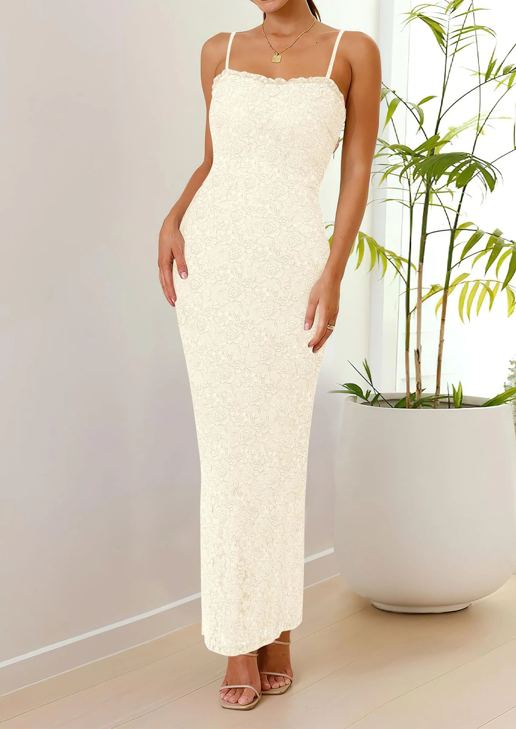 Elegant Spaghetti Strap Lace Floral Bodycon Maxi Dress