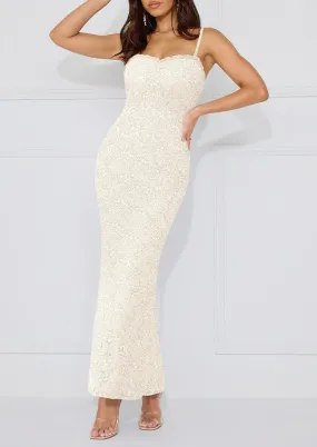 Elegant Spaghetti Strap Lace Floral Bodycon Maxi Dress