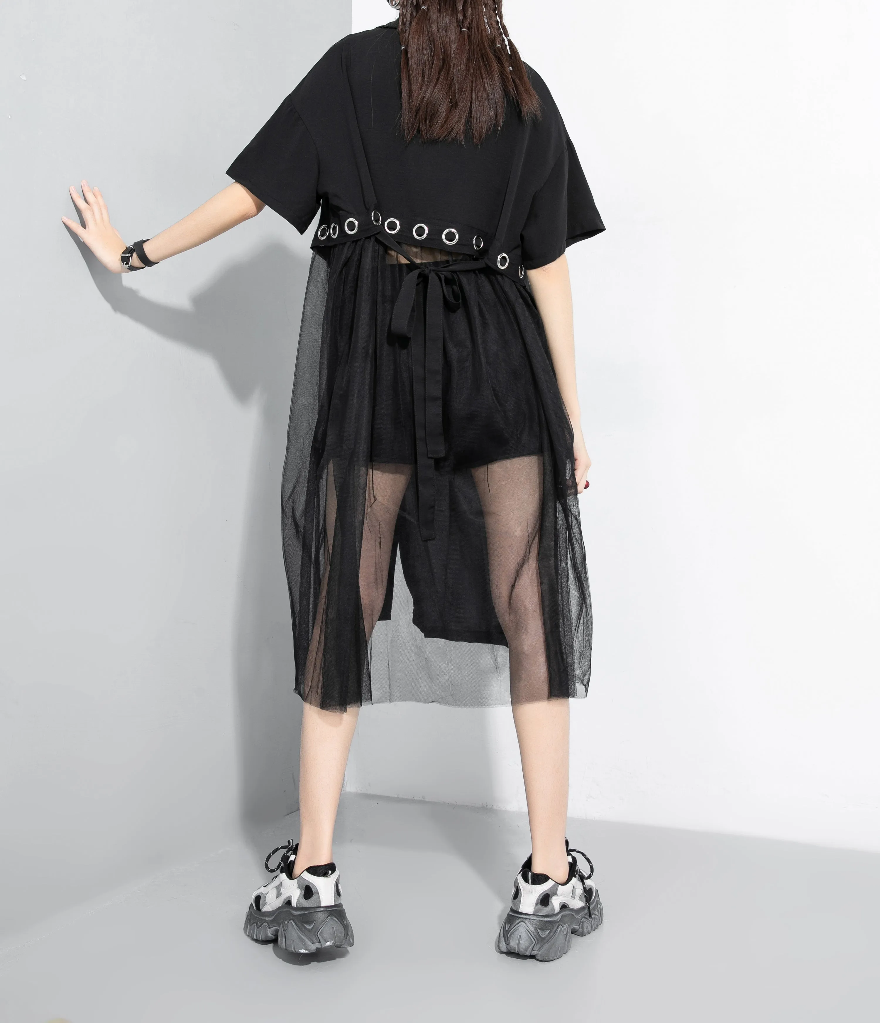 ellazhu Women's Black Short Sleeve Casual Mesh Tunic T-Shirt Dress GY2271