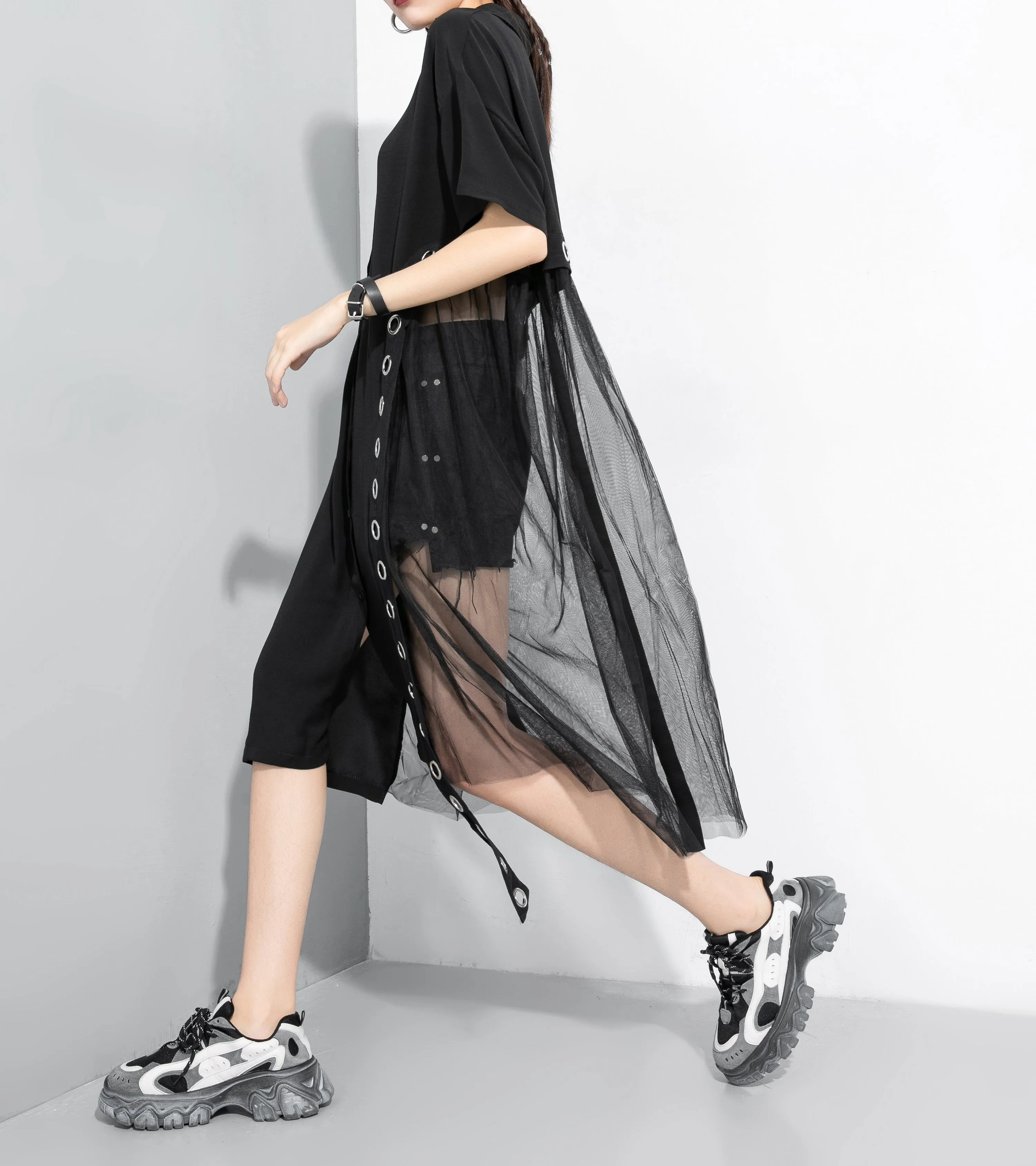 ellazhu Women's Black Short Sleeve Casual Mesh Tunic T-Shirt Dress GY2271