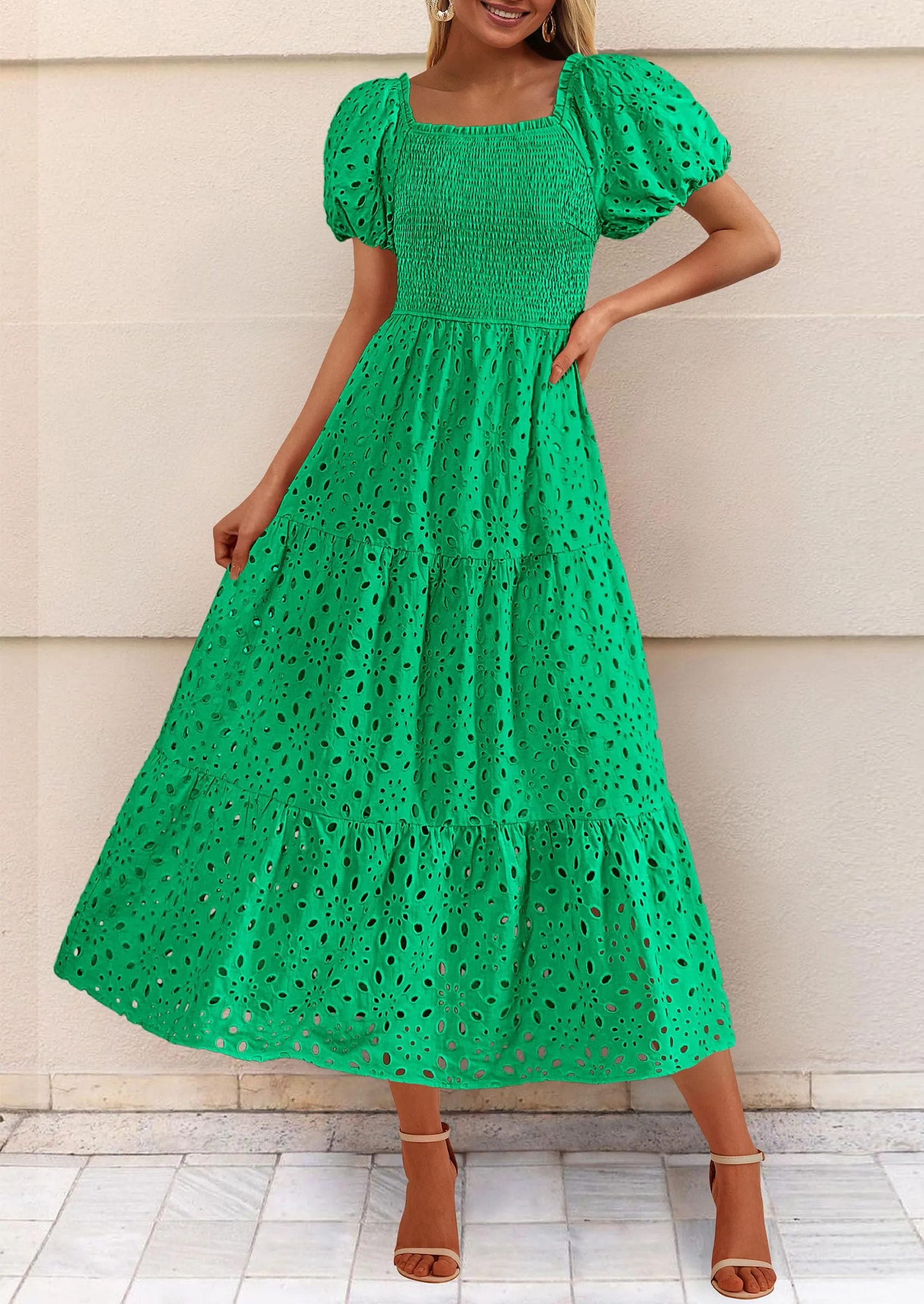 Eyelet Square Neck Puff Sleeve Smocked Maxi Dress with Pockets
