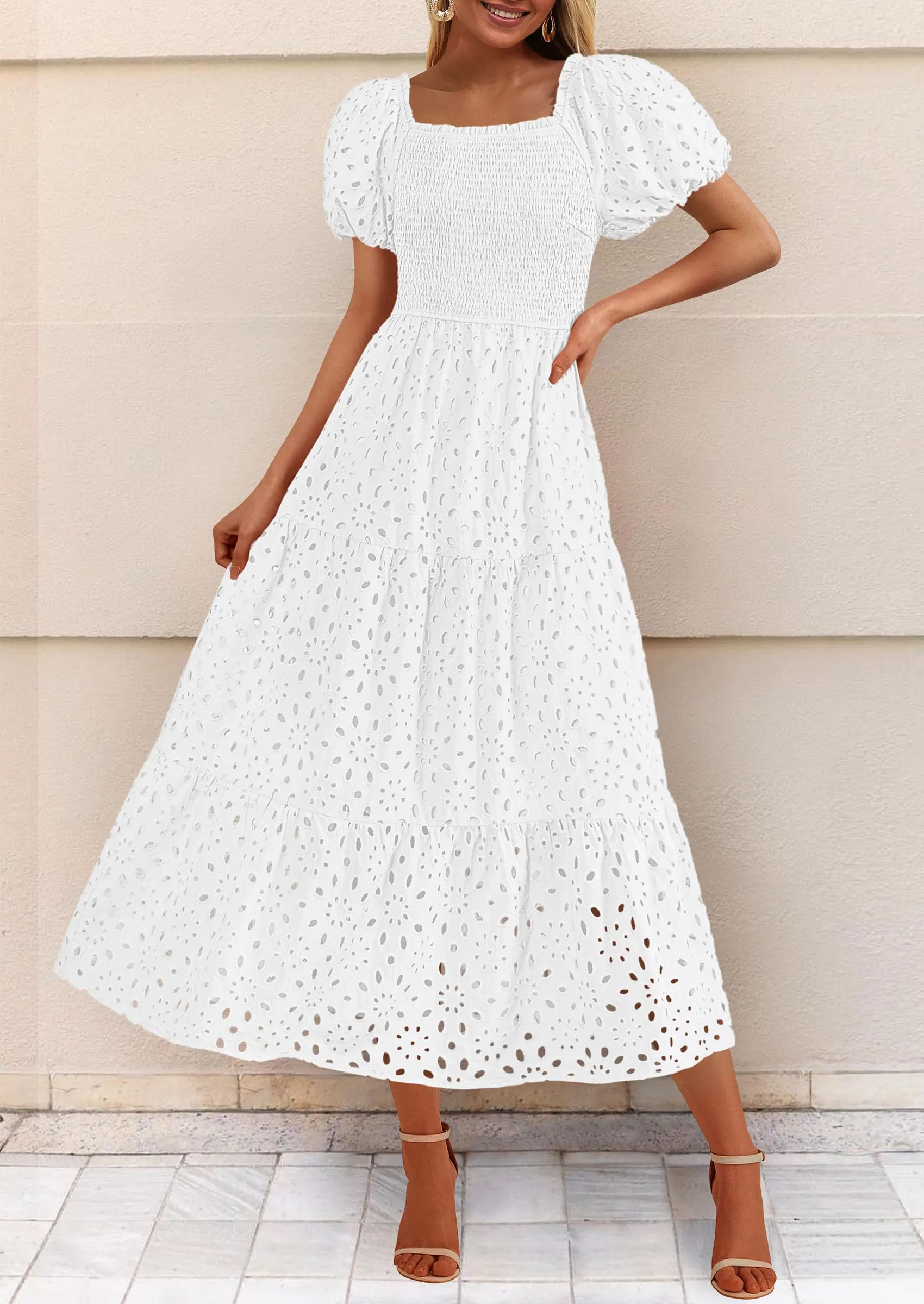 Eyelet Square Neck Puff Sleeve Smocked Maxi Dress with Pockets