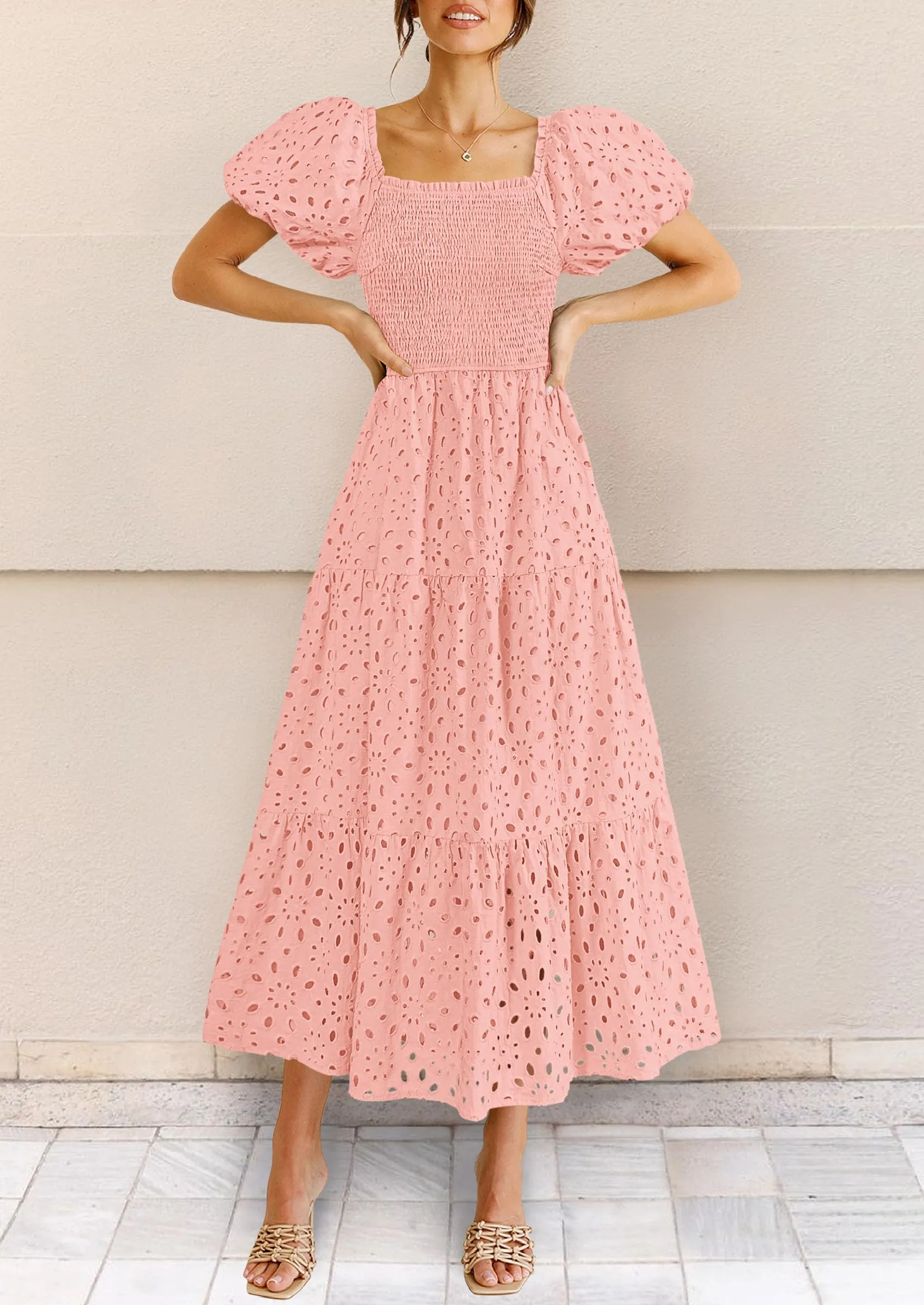 Eyelet Square Neck Puff Sleeve Smocked Maxi Dress with Pockets