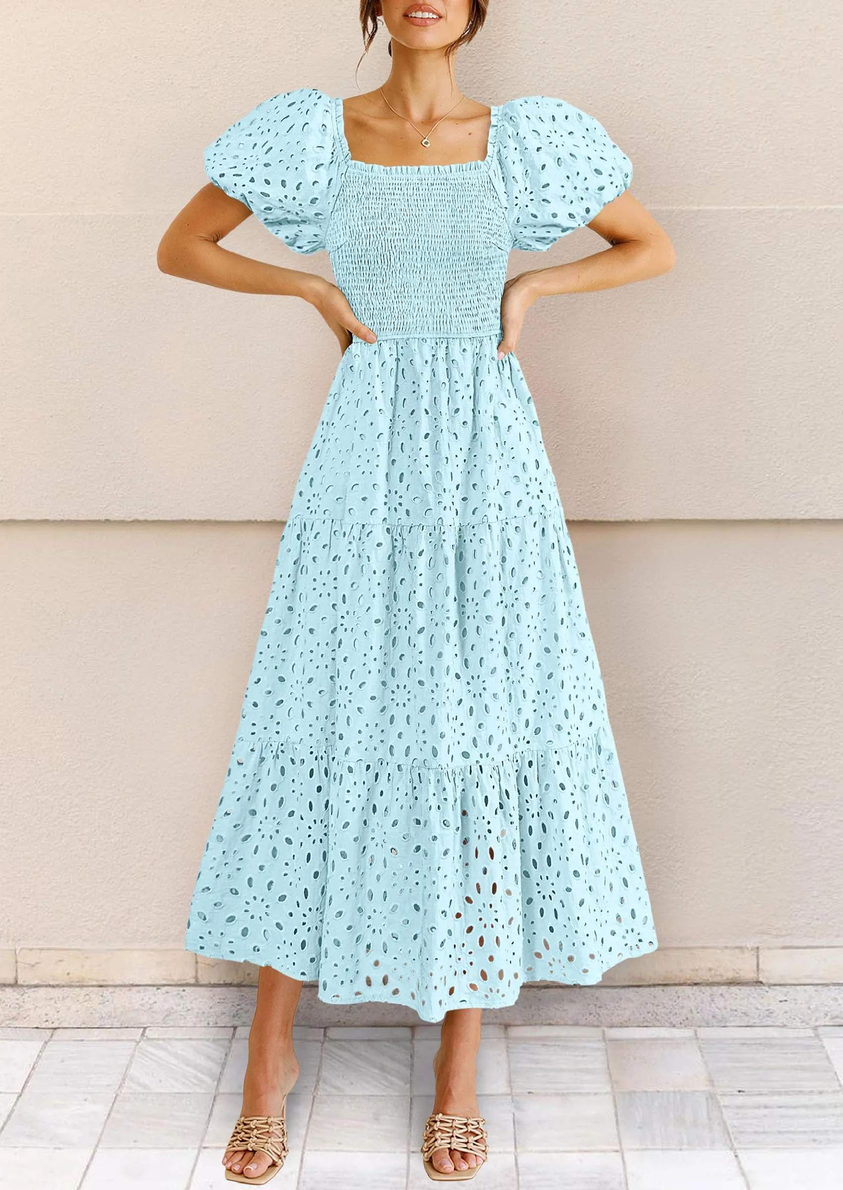 Eyelet Square Neck Puff Sleeve Smocked Maxi Dress with Pockets