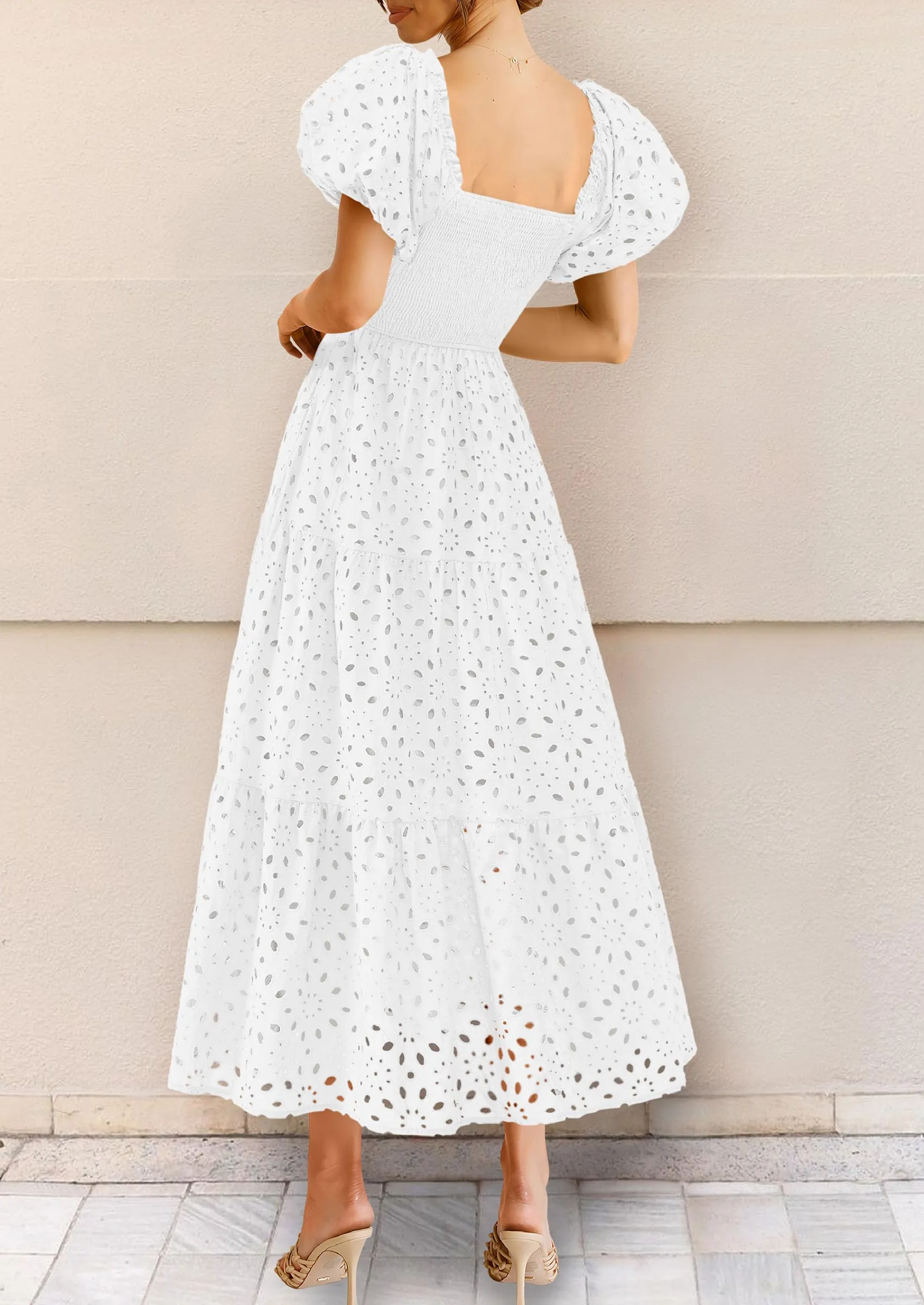 Eyelet Square Neck Puff Sleeve Smocked Maxi Dress with Pockets
