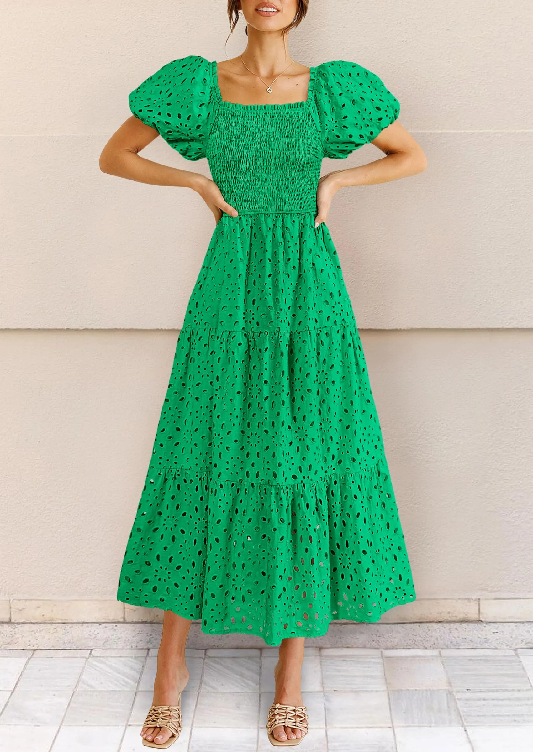 Eyelet Square Neck Puff Sleeve Smocked Maxi Dress with Pockets