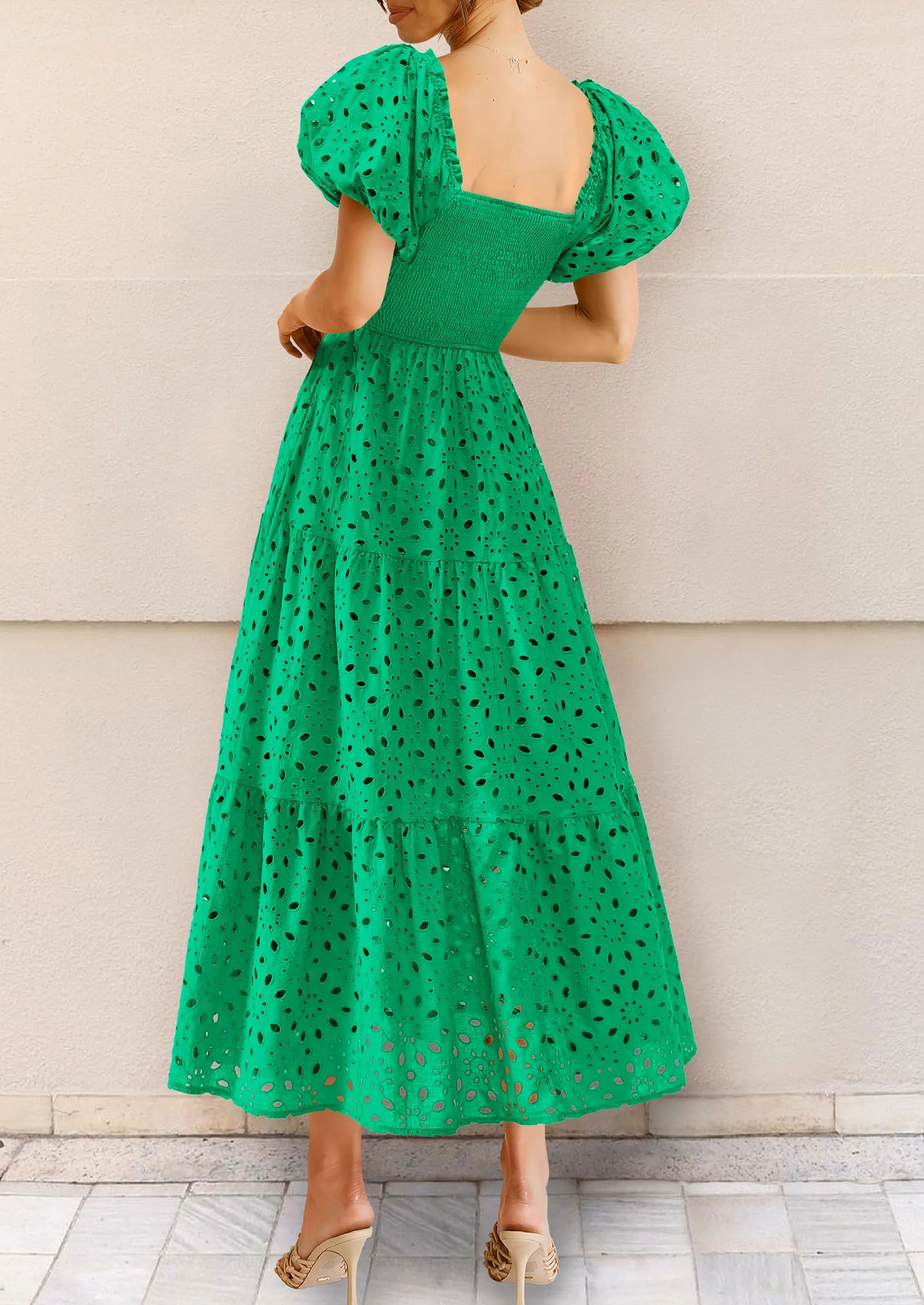 Eyelet Square Neck Puff Sleeve Smocked Maxi Dress with Pockets