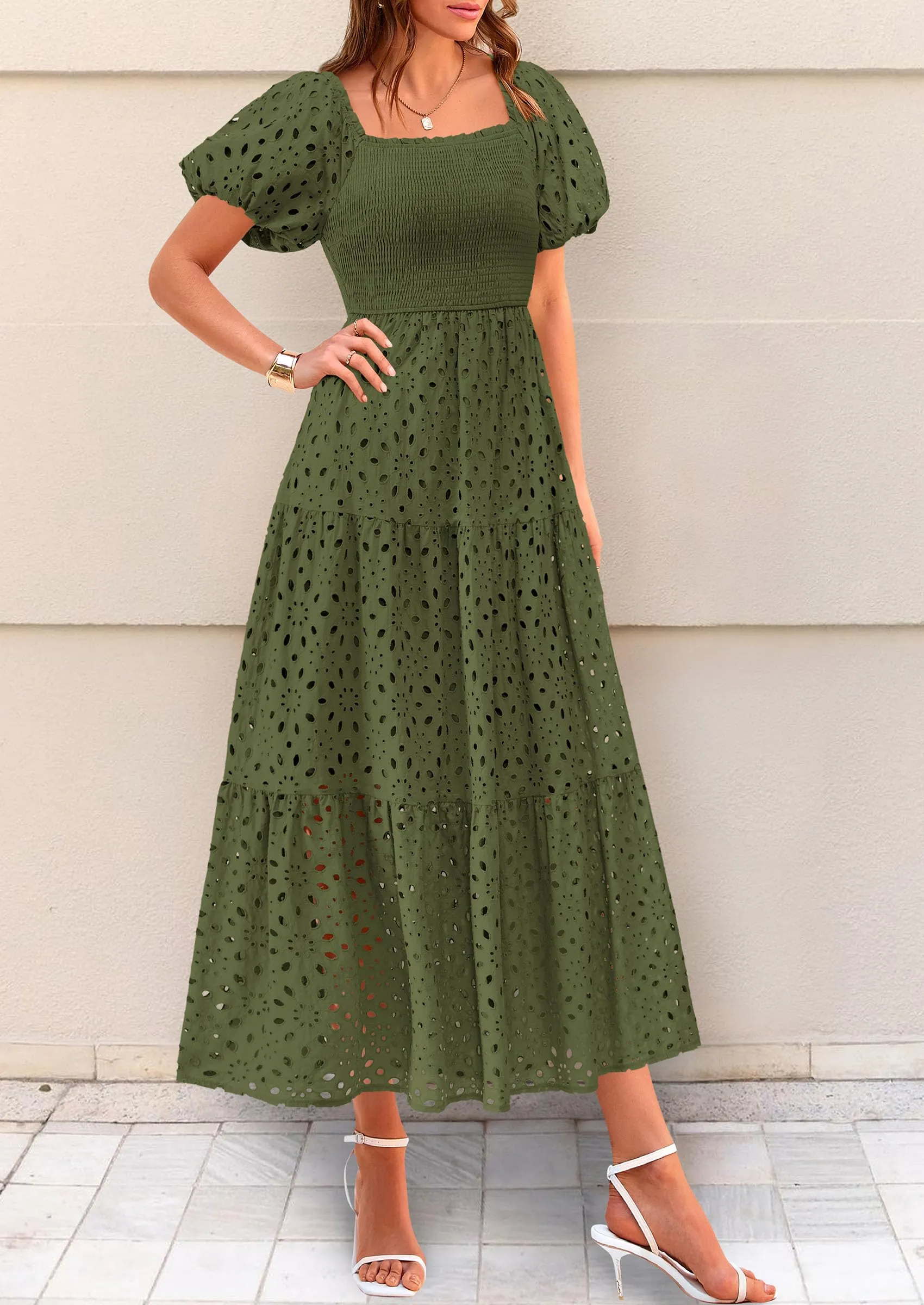 Eyelet Square Neck Puff Sleeve Smocked Maxi Dress with Pockets