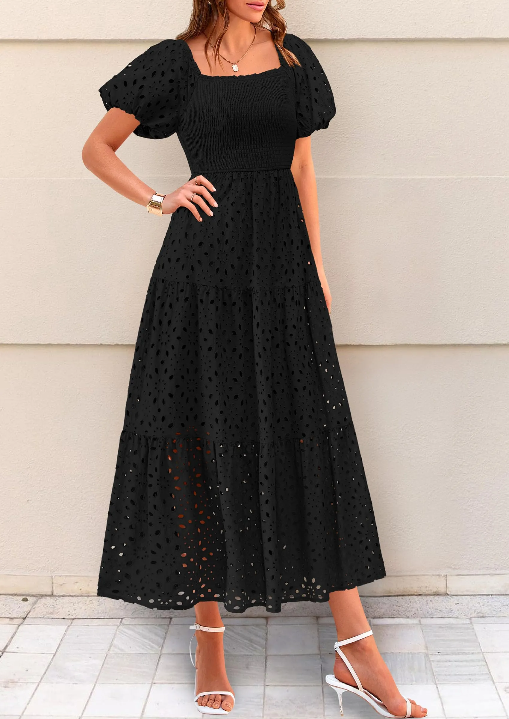 Eyelet Square Neck Puff Sleeve Smocked Maxi Dress with Pockets