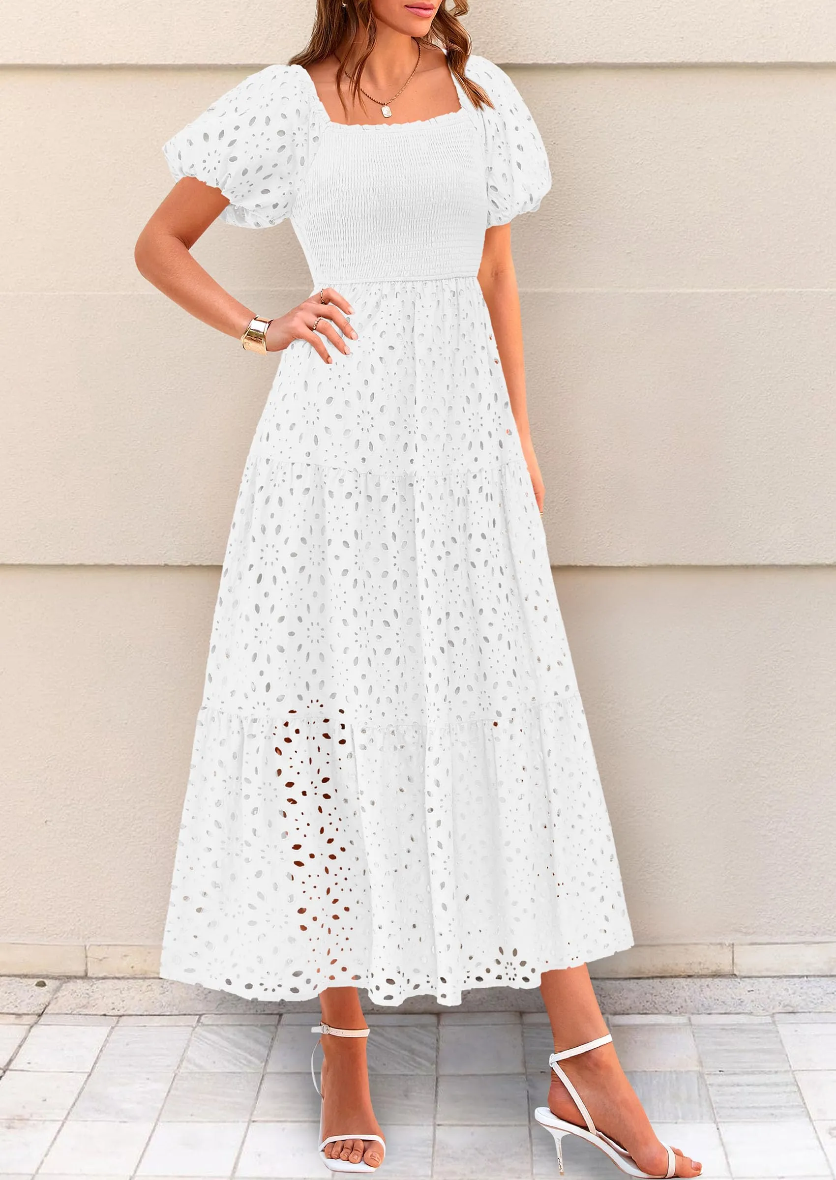 Eyelet Square Neck Puff Sleeve Smocked Maxi Dress with Pockets