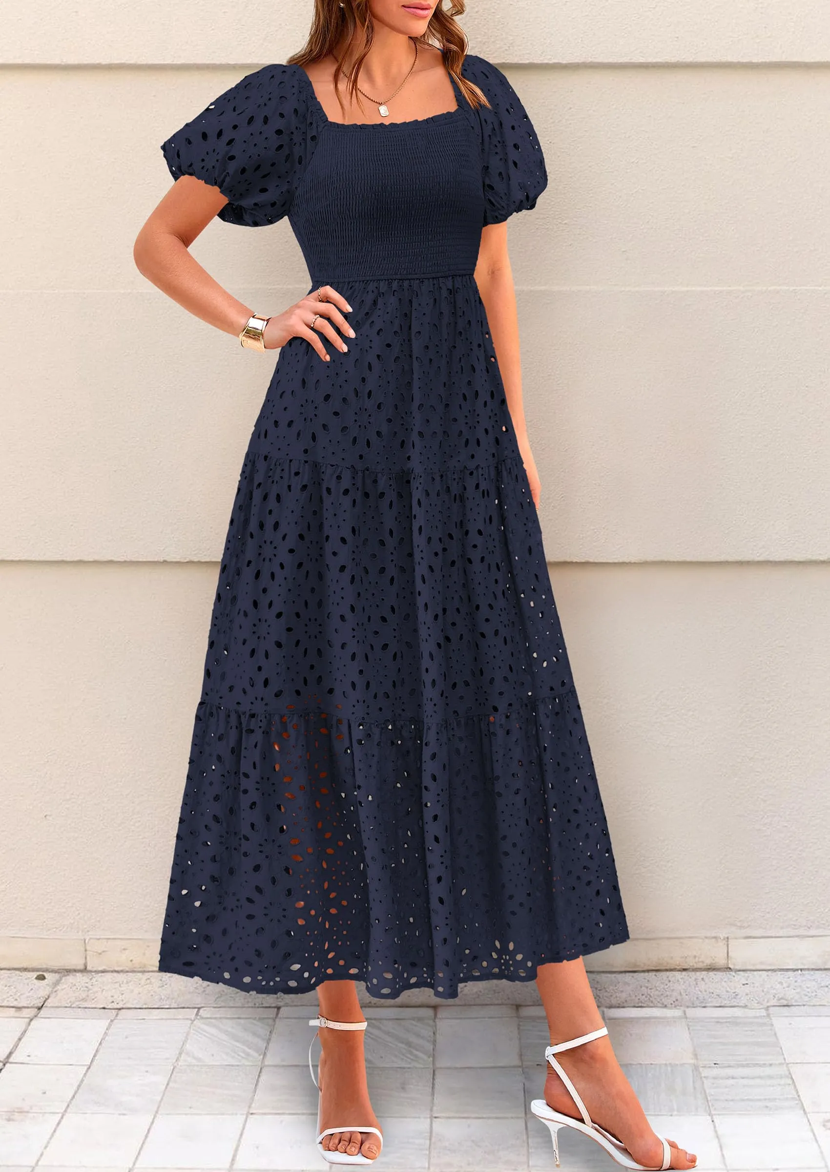 Eyelet Square Neck Puff Sleeve Smocked Maxi Dress with Pockets