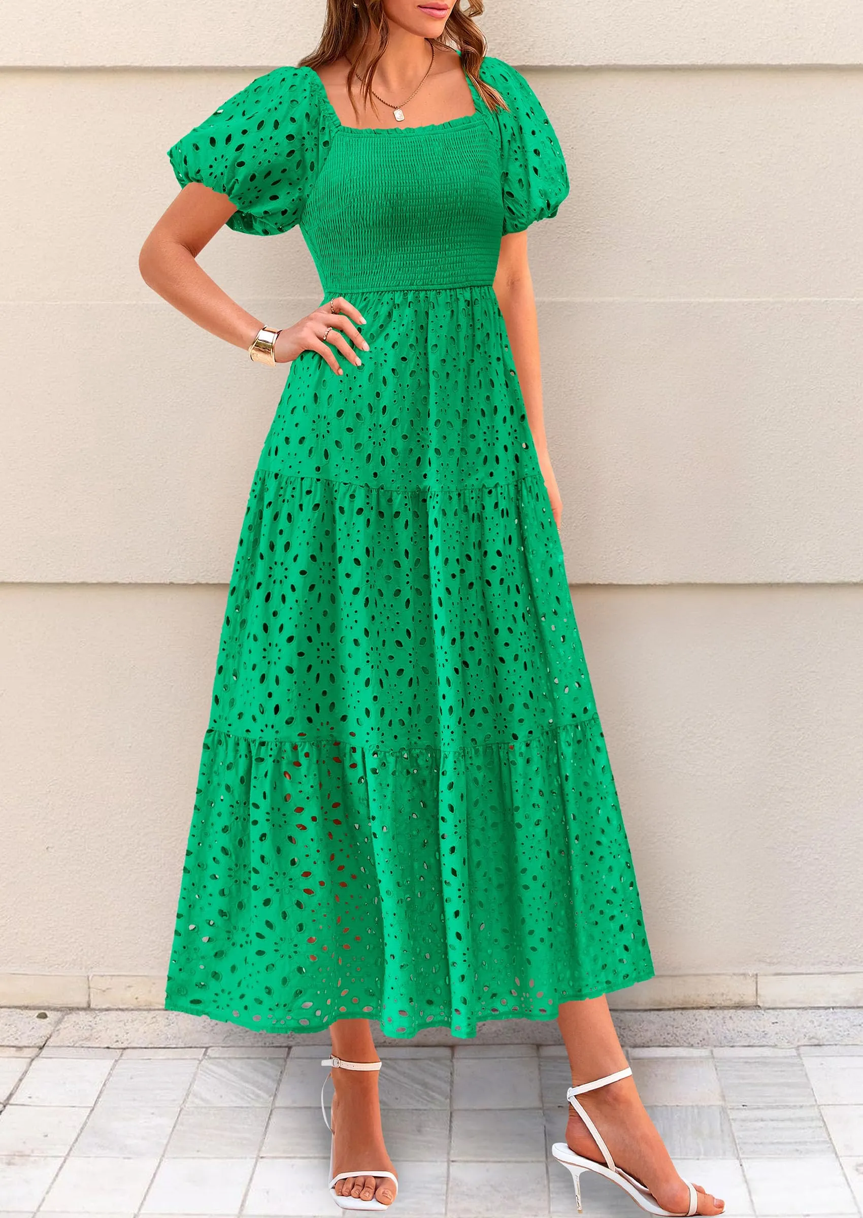 Eyelet Square Neck Puff Sleeve Smocked Maxi Dress with Pockets