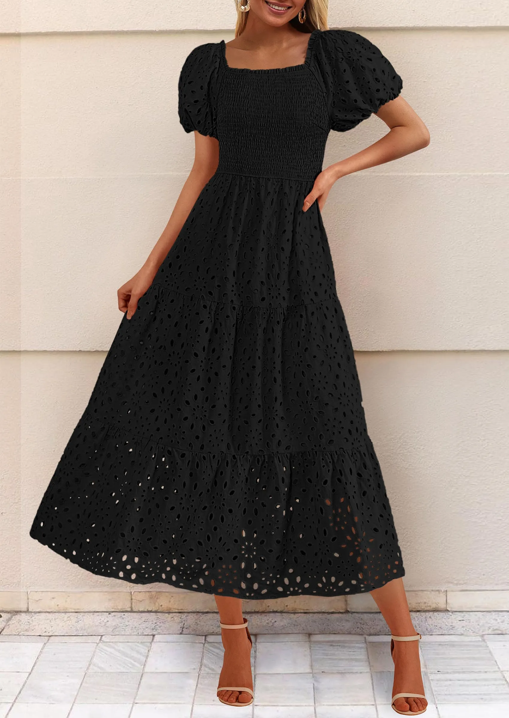 Eyelet Square Neck Puff Sleeve Smocked Maxi Dress with Pockets