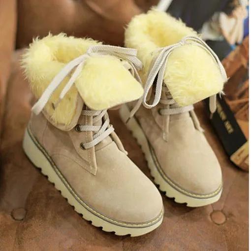 Fashion Women Winter Warm Lace Up Flat Heel Ankle Snow Boot
