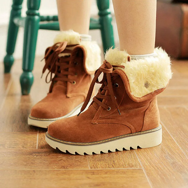 Fashion Women Winter Warm Lace Up Flat Heel Ankle Snow Boot