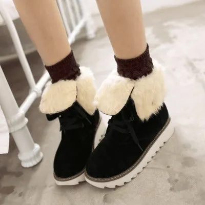 Fashion Women Winter Warm Lace Up Flat Heel Ankle Snow Boot
