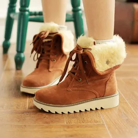 Fashion Women Winter Warm Lace Up Flat Heel Ankle Snow Boot
