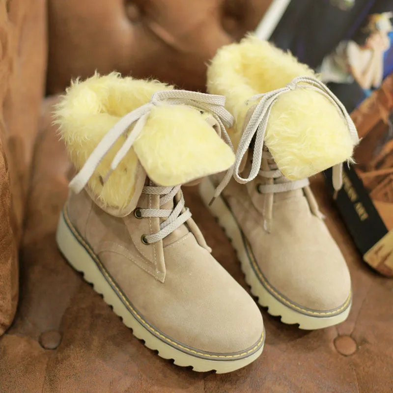 Fashion Women Winter Warm Lace Up Flat Heel Ankle Snow Boot