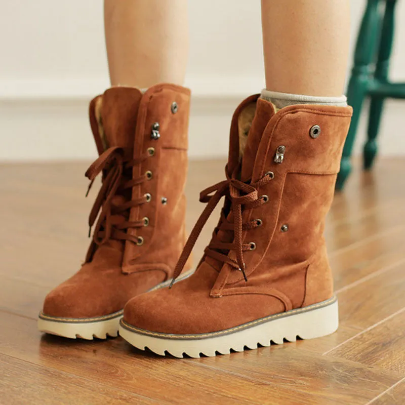 Fashion Women Winter Warm Lace Up Flat Heel Ankle Snow Boot