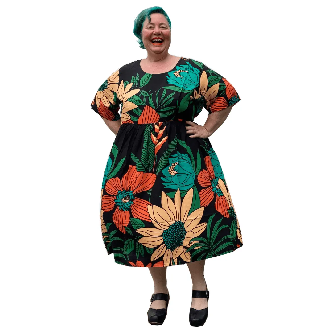 Long Sally Dress in Black Floral | Plus Size Dress