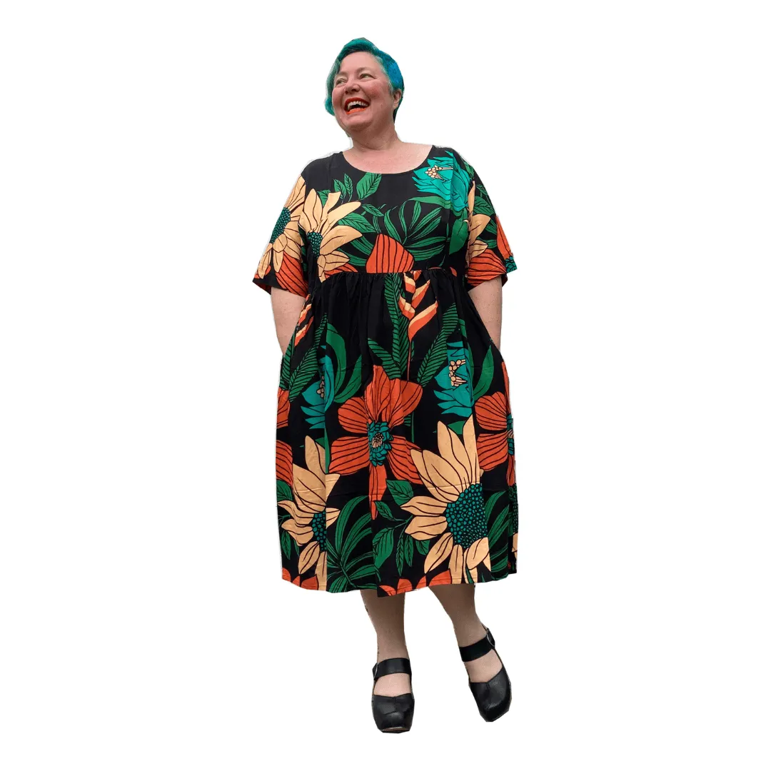 Long Sally Dress in Black Floral | Plus Size Dress