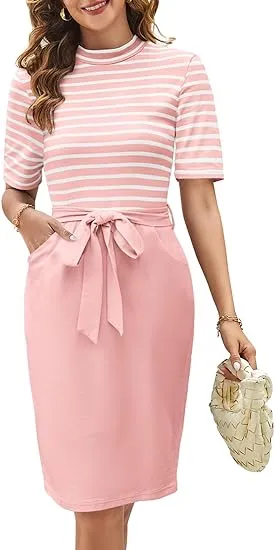 MEROKEETY Women's Striped Midi T-Shirt Dress with Pockets