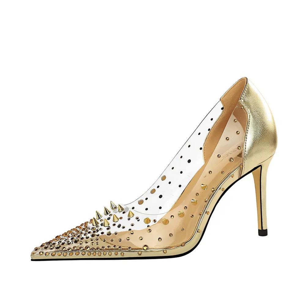 Metal rivet transparent water drill stiletto heels