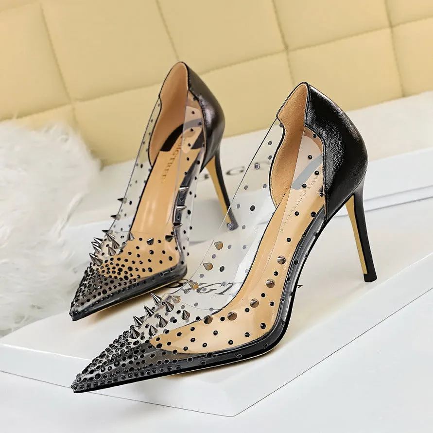 Metal rivet transparent water drill stiletto heels