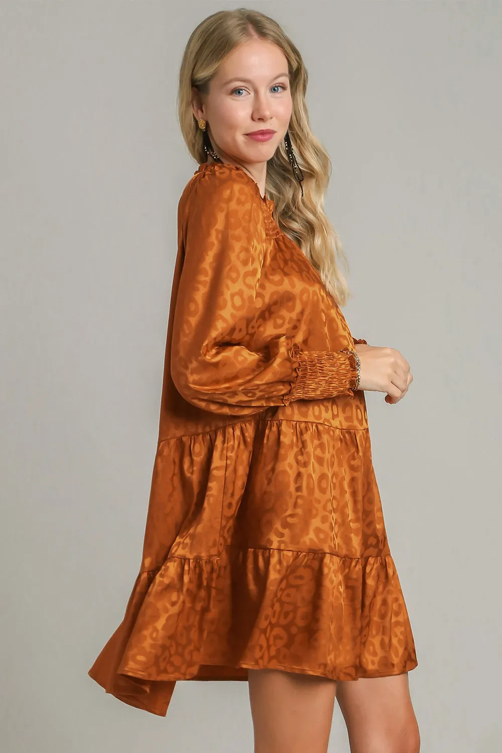 MQTIME  -  Umgee Smocked Leopard Long Sleeve Tiered Dress