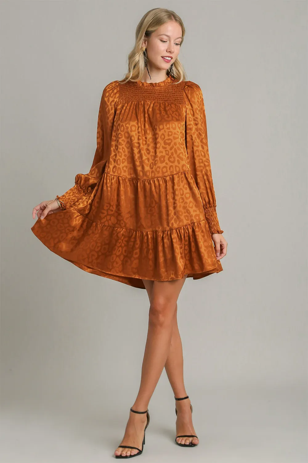 MQTIME  -  Umgee Smocked Leopard Long Sleeve Tiered Dress