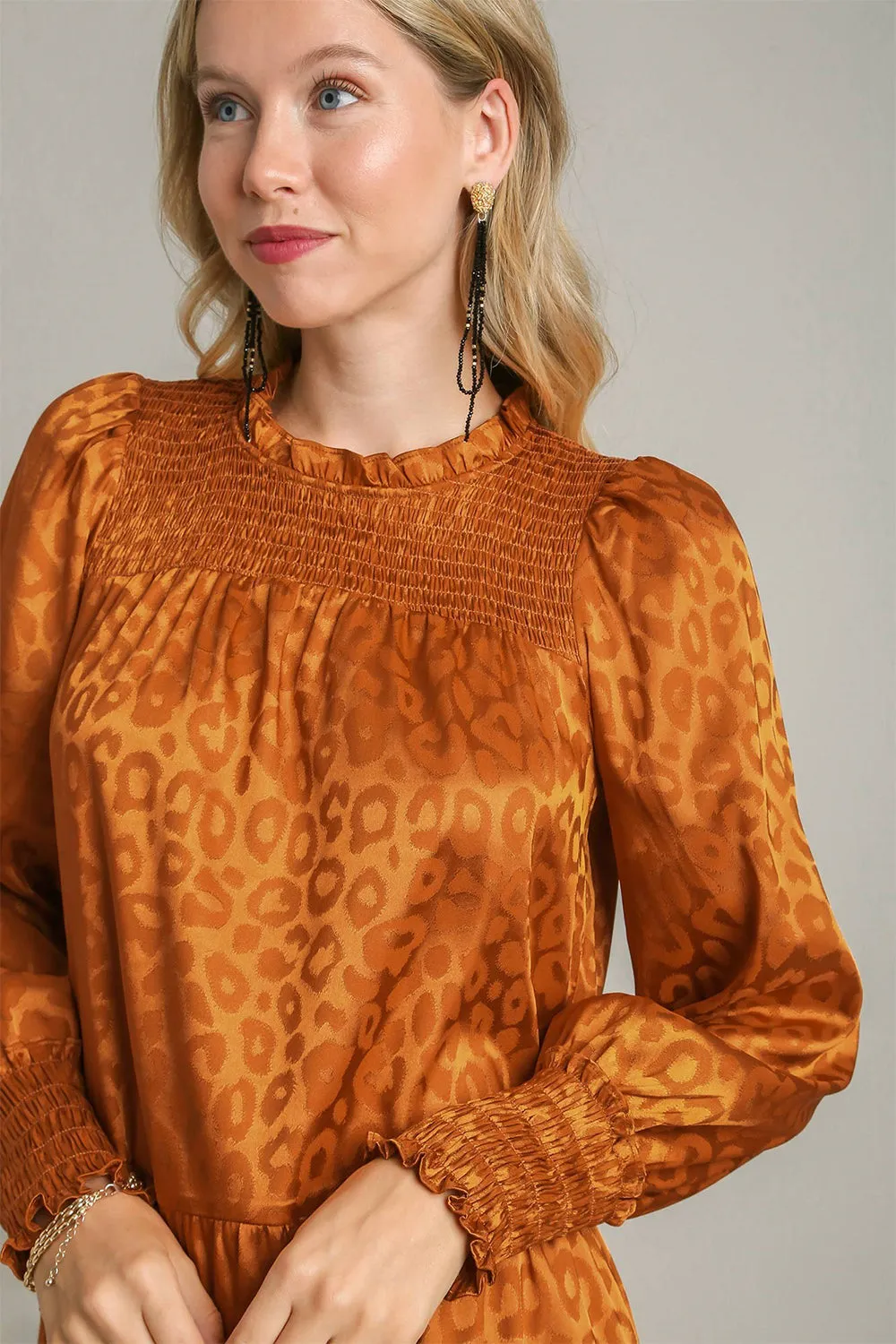 MQTIME  -  Umgee Smocked Leopard Long Sleeve Tiered Dress