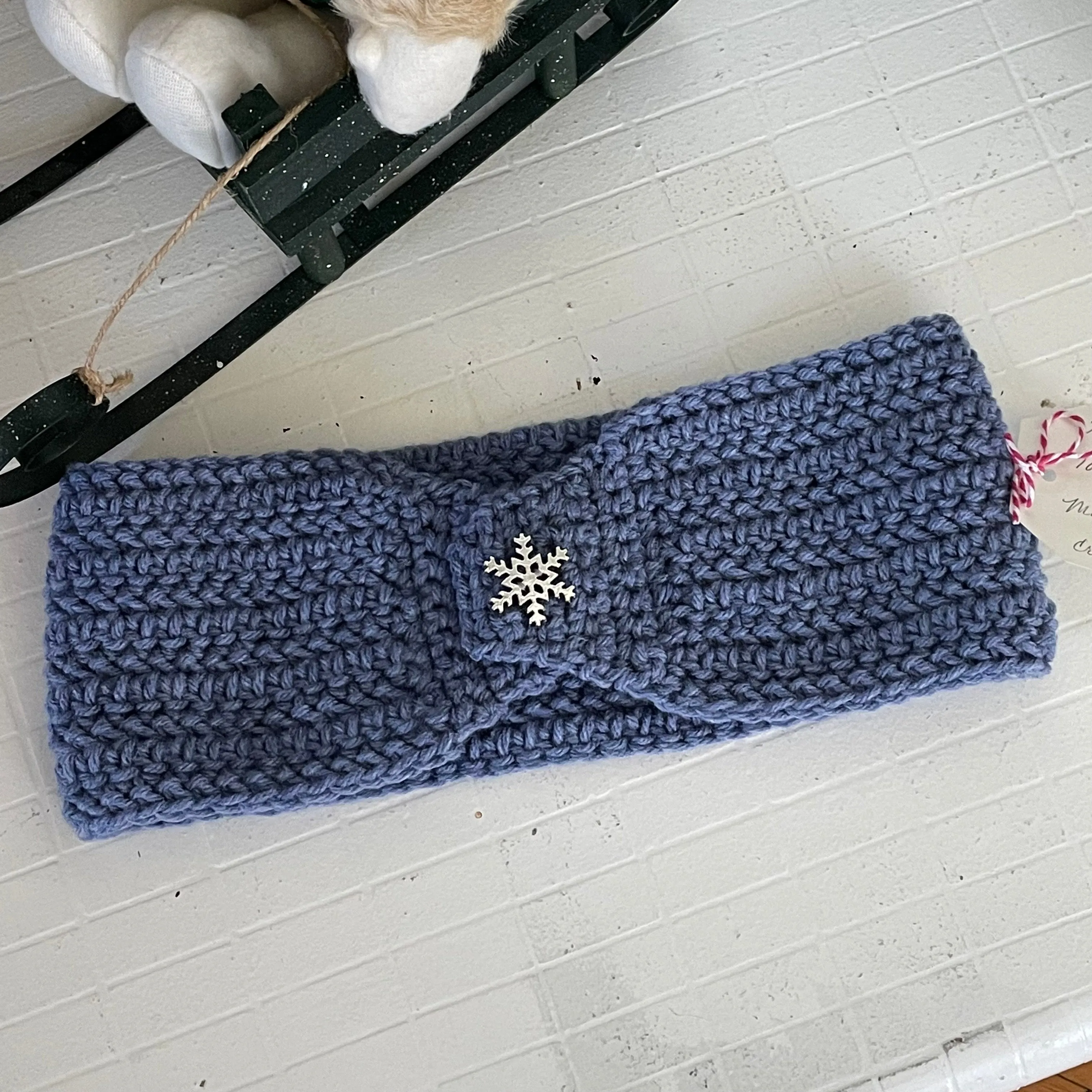 Periwinkle & Metal Snowflake Ear Warmer Headband Crochet Knit Hand Crafted Outdoor Fall Winter Hiking Running Blue Purple Pastel