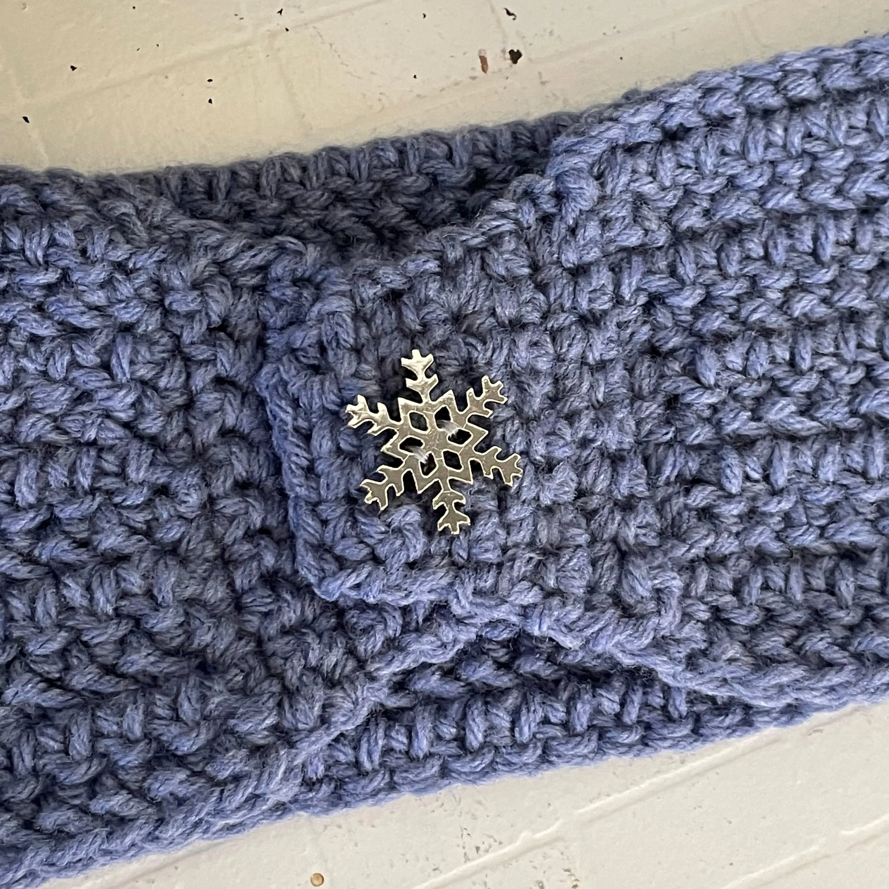 Periwinkle & Metal Snowflake Ear Warmer Headband Crochet Knit Hand Crafted Outdoor Fall Winter Hiking Running Blue Purple Pastel