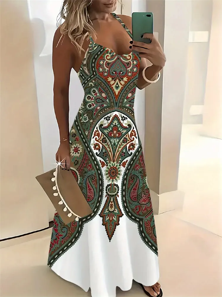 Rachel – Sleeveless Retro Strap Dress with 3D Texture Print
