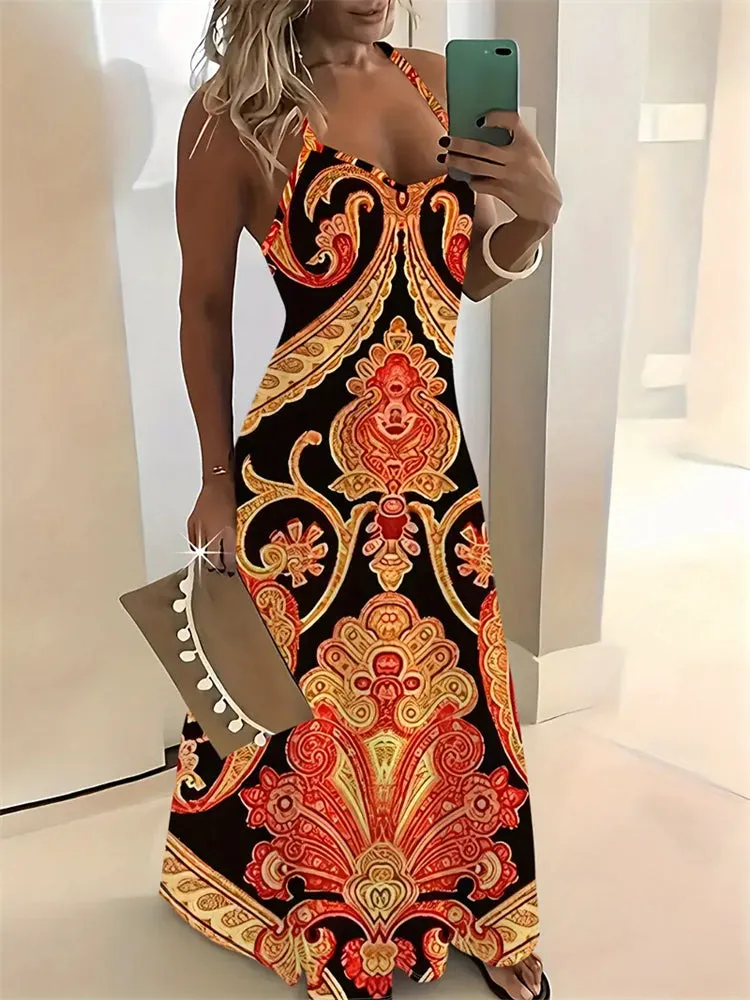 Rachel – Sleeveless Retro Strap Dress with 3D Texture Print