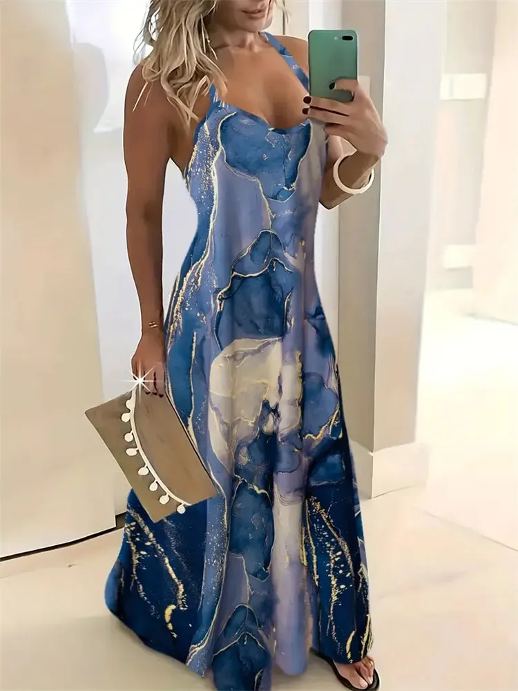 Rachel – Sleeveless Retro Strap Dress with 3D Texture Print