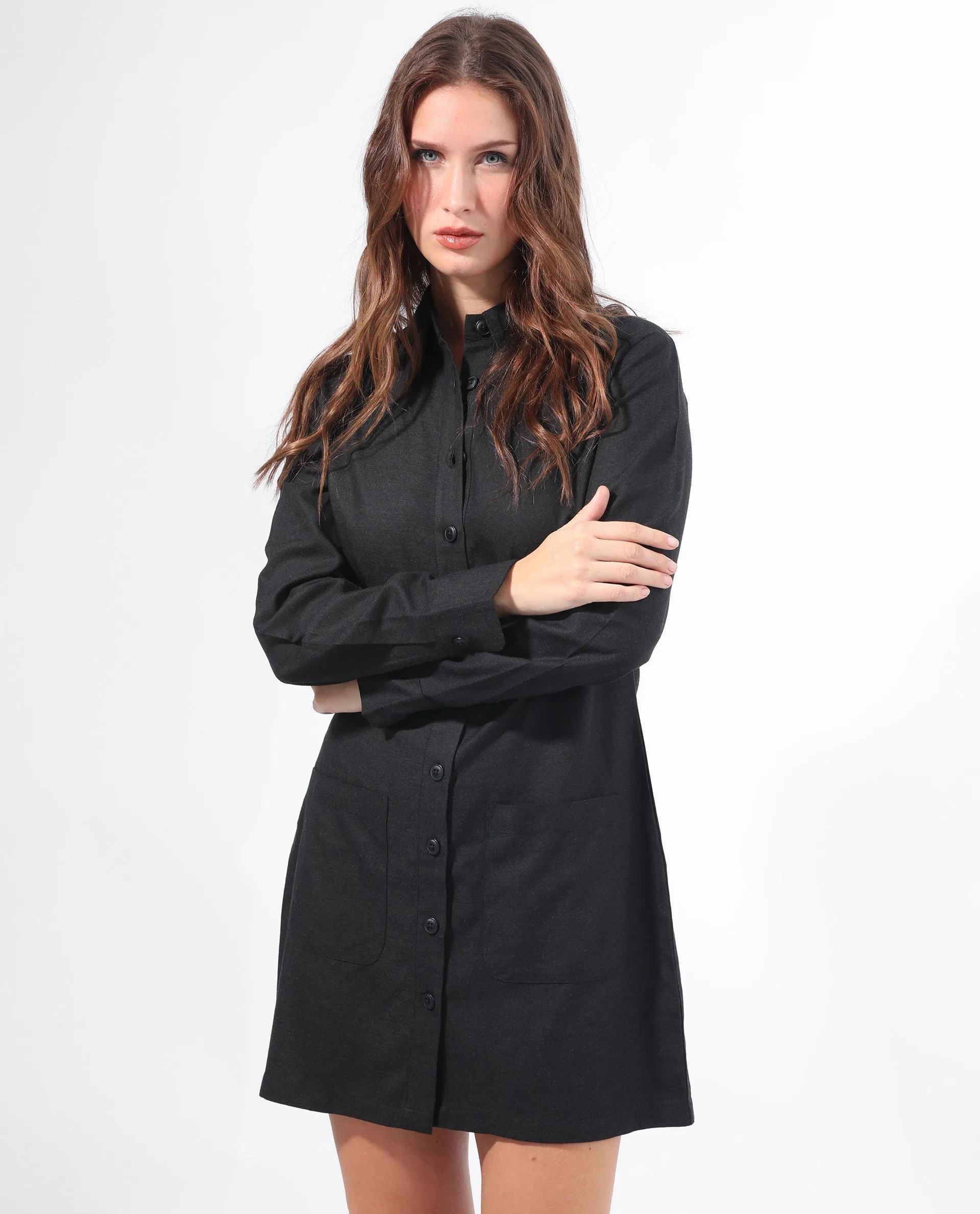 Rareism Women Pricot Black Polyester Fabric Full Sleeves Button Closure Shirt Collar Cuffed Sleeve Regular Fit Plain Short Boxy Dress