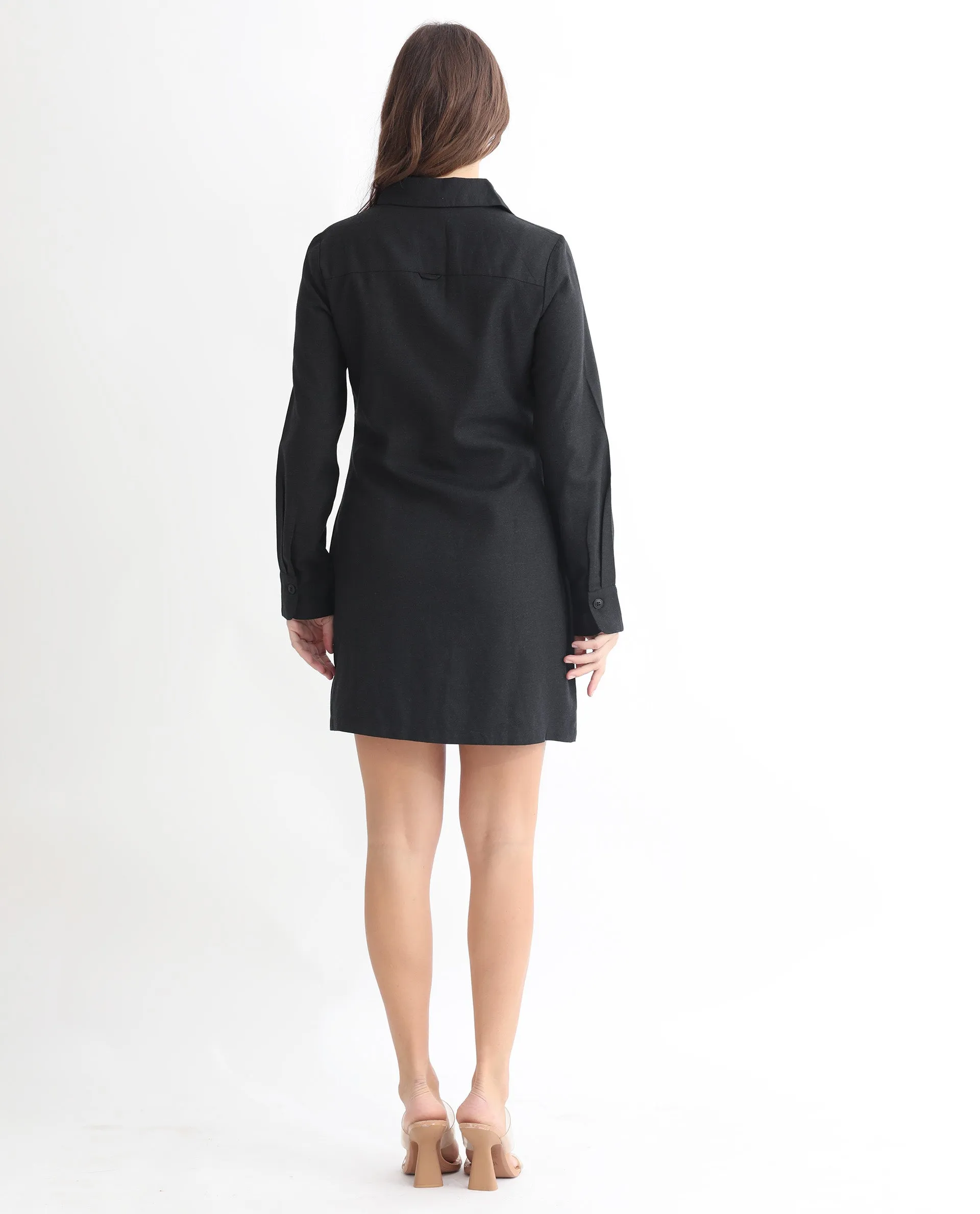 Rareism Women Pricot Black Polyester Fabric Full Sleeves Button Closure Shirt Collar Cuffed Sleeve Regular Fit Plain Short Boxy Dress